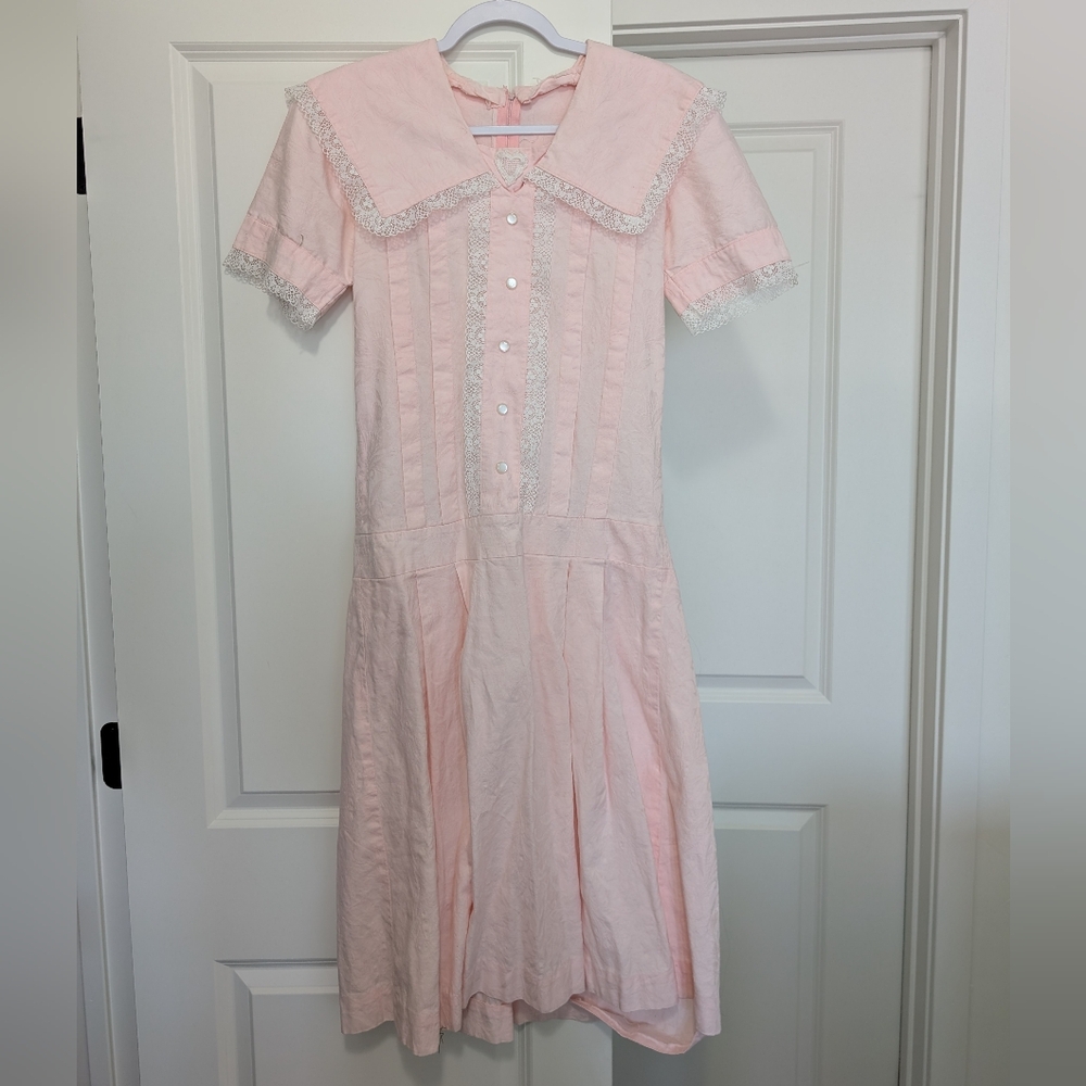 Handmade Elegant Vintage Coquette Feminine Pink Dress with Lace Trim Size Small